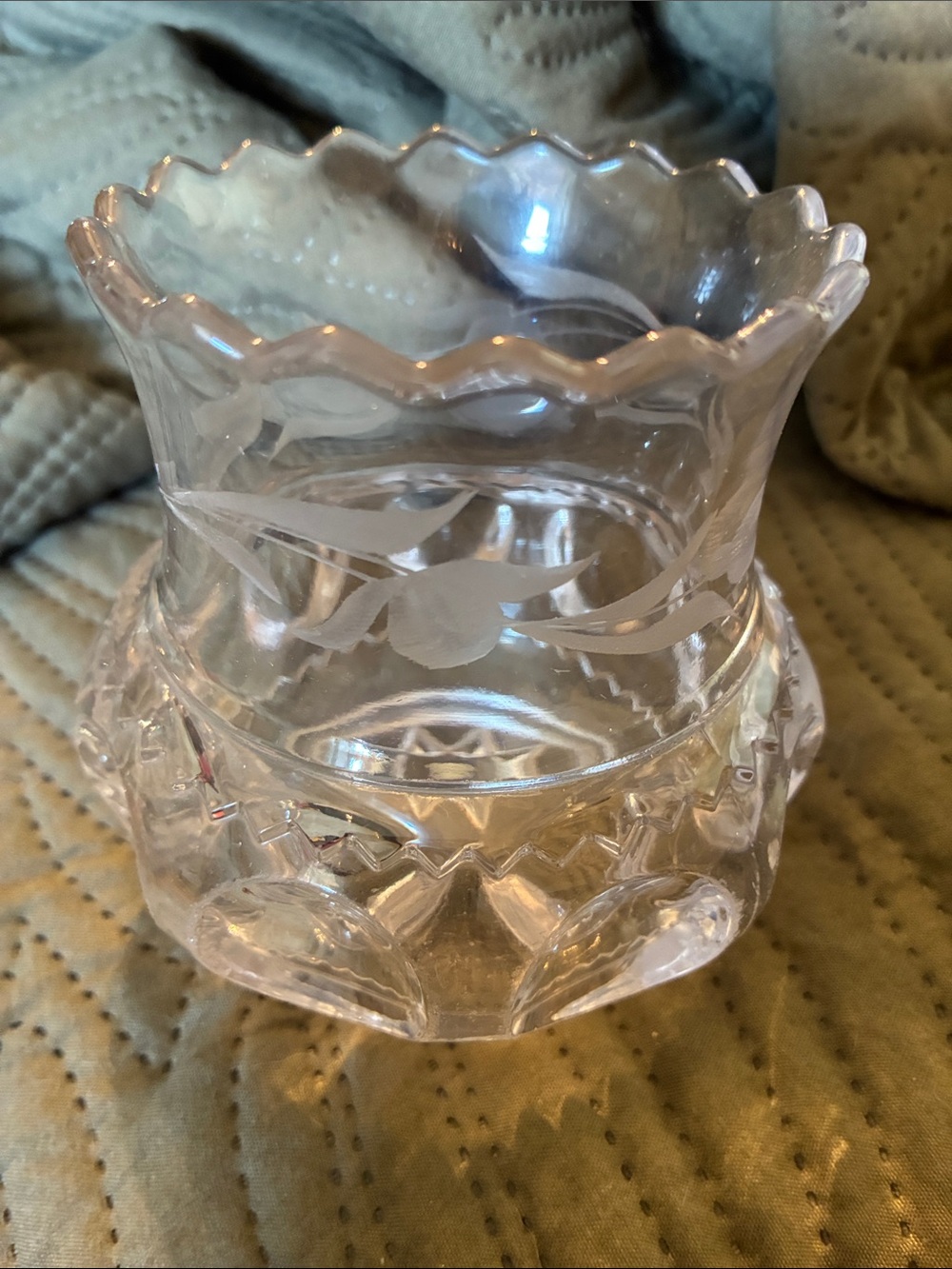 Vintage Clear Glass Decorative Holder with Etched Floral Design